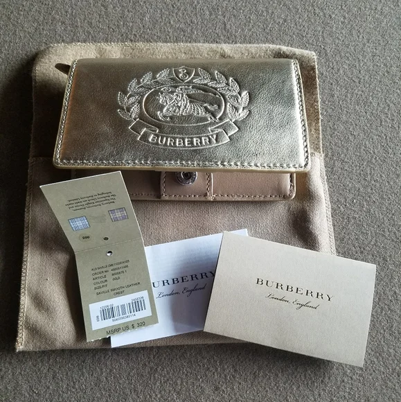 NWT! Sale! Saville Burberry Crest Embossed Smooth Leather Gold Metallic Wallet - Picture 5 of 16